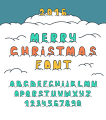 Christmas doodle set font under snow, Font in snow. Cartoon