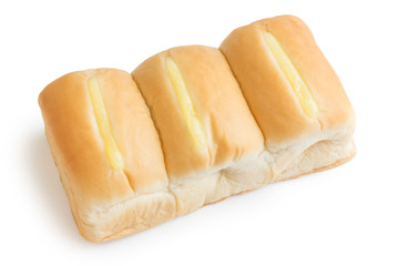 close up shot of  cream filled bread on white background