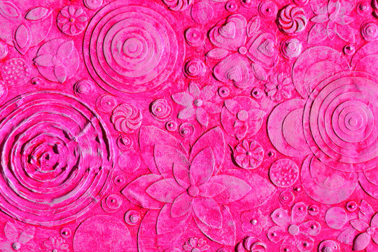 Mix Of Summer Red And Rose, Pink Hawaiian Flowers, Floral Pattern With Tropical Blooms, Abstract Art Work Painting, Embossing ,carving And  3d Engraving.