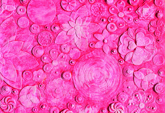 Mix Of Summer Red And Rose, Pink Hawaiian Flowers, Floral Pattern With Tropical Blooms, Abstract Art Work Painting, Embossing ,carving And  3d Engraving.