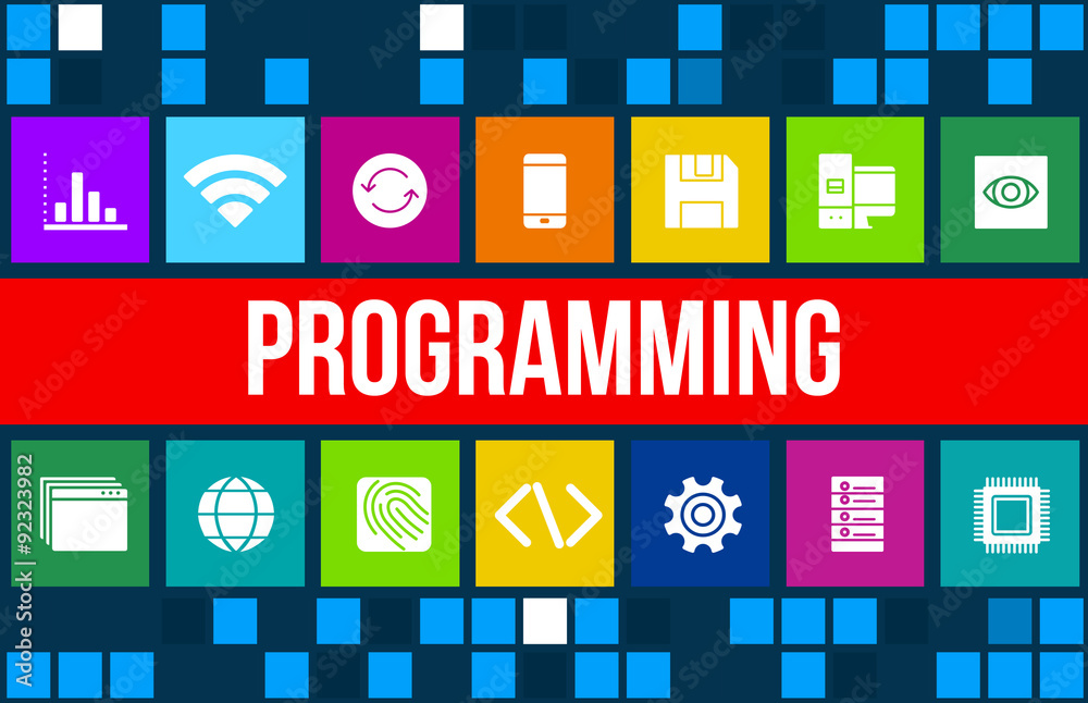 Wall mural programming concept image with technology icons and copyspace