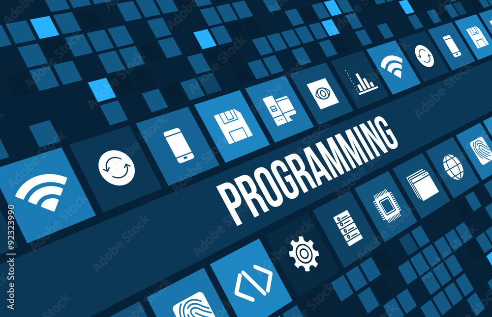 Wall mural programming concept image with technology icons and copyspace