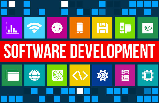 Software development concept image with technology icons and copyspace
