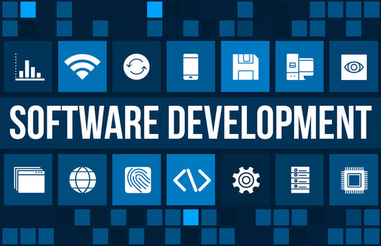 Software development concept image with technology icons and copyspace