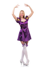 Naklejka premium Cute girl in purple masquerade dress isolated on white