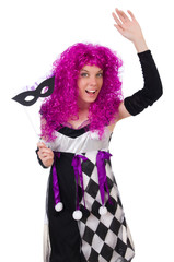Pretty girl in jester costume isolated on white