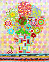 Still life with roses and various flowers in decorative vase. Textured painting with flowers. Floral art composition. 3d painting, three, dimensional embossing. Unique art technique. Highly textured