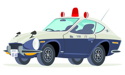 Caricatura Datsun 240Z policía japonesa vista frontal y lateral