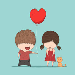 Boy heart-shaped balloons gives Girl and cat, cute Valentine's D
