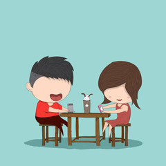 Male and girl teens playing with phone at coffee shop, drawing b