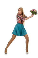 Woman with flowers isolated on white