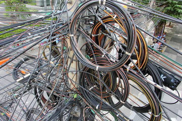 tangle, chaos, messy of electric cable - obrazy, fototapety, plakaty