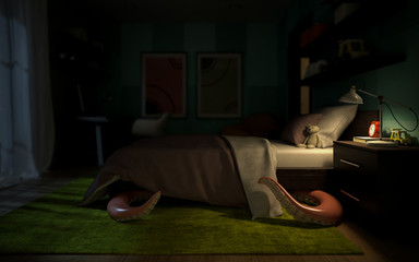 Interior children's room with a tentacular monster under the bed © Dmitry Berg