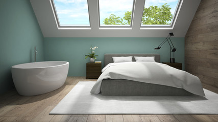 Interior of mansard badroom with blue wall 3D rendering