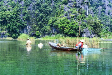 Landscape in Van Long natural reserve in Ninh Binh, Vietnam. Vietnam landscapes.