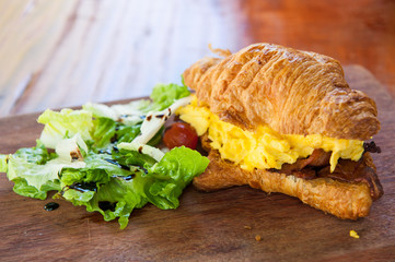 croissant ham bacon with eggs and salad, sandwich recipe