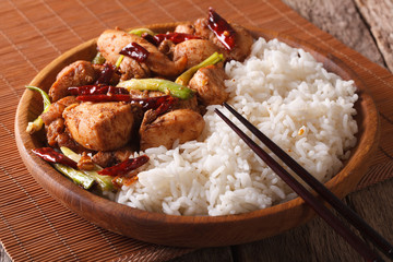 Chinese Food: Chicken kung pao with rice close-up. horizontal
