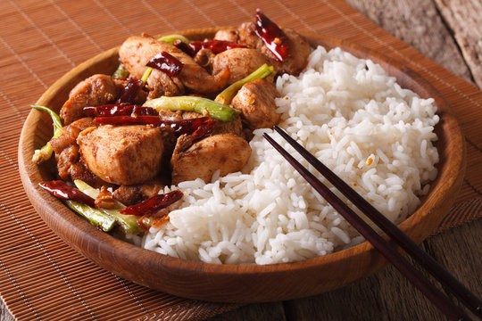 Chinese Food: Chicken kung pao with rice close-up. horizontal
