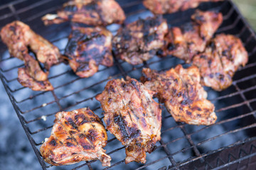 Chunks of meat on grill fire