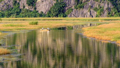 Landscape in Van Long natural reserve in Ninh Binh, Vietnam. Vietnam landscapes.