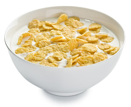 Cornflakes in the bowl on white background.