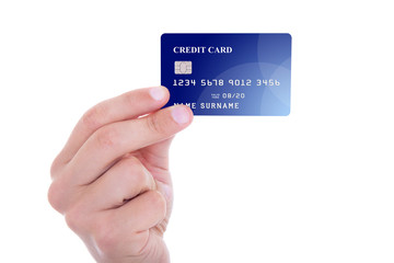 male hand holding credit card isolated on white
