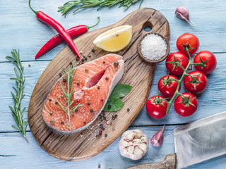 Fresh salmon on the cutting board.