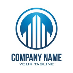 Real Estate Logo. Symbol concept for accounting or real estate company. Vector design with commercial building and chart bars. Business logo concept.
