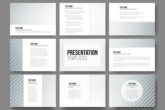 Set of 9 templates for presentation slides. Diagonal lines