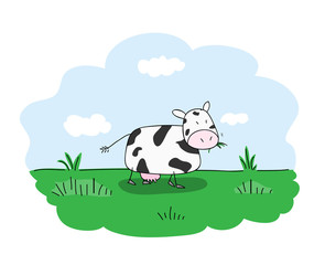 Grazing Cow, a hand drawn vector illustration of a cow grazing on a field of grass.