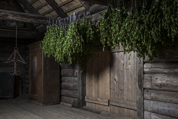 Birch broom inside of a steam room