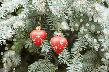 Christmas and New Year`s decorations on the background spruce, close-up
