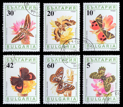 BULGARIA - CIRCA 1990: A set of postage stamps printed in the Bulgaria, shows series Butterflies, circa 1990
