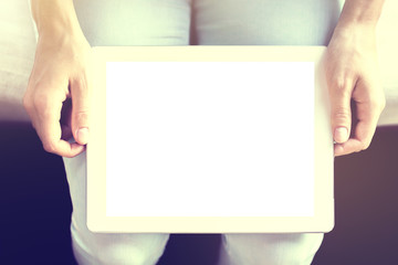Girl's hands with blank tablet, mock up