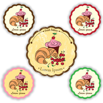 Set of vector labels with pastries, sweets. Croissant, cupcake and cherry