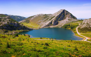 View of Enol lake  in summer. Asturias
