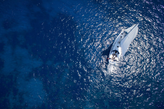 Fototapeta Amazing view to Yacht sailing in open sea at windy day. Drone vi