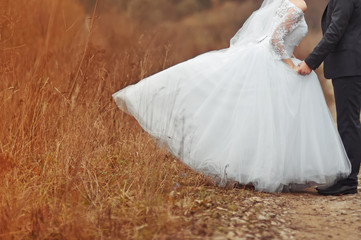 Newlywed couple at countryside. Wedding.