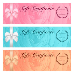 Gift certificate, Voucher, Coupon, Reward or Gift card template with floral rose pattern, bow (ribbon). Set background flower design for gift banknote, check, gift money bonus, ticket, flyer, banner