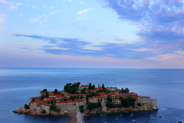 Sveti Stefan island in Budva, Montenegro, Balkans. Sea view. Adriatic sea. Riviera