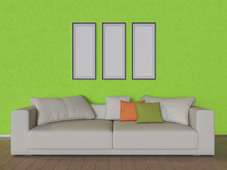 3D illustration a wall with  beige sofa