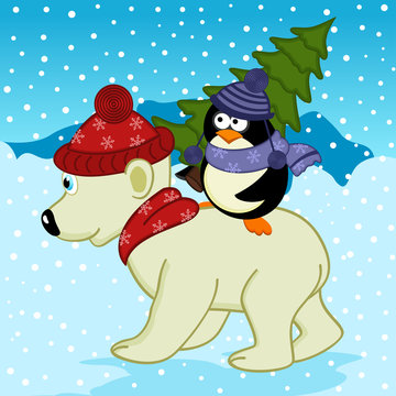 penguin holding spruce on polar bear - vector illustration, eps