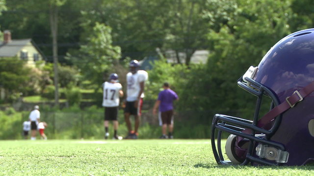 High school football team at practice 