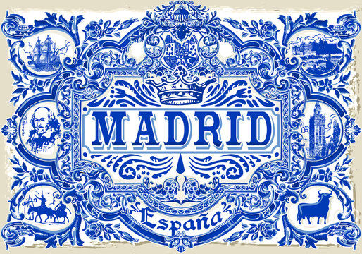 Indigo Blue Madrid Paint Tile Floor Oriental Spain Ornament Collection Seamless Patchwork Pattern Colorful Painted Tin Spanish Ceramic Tilework Vintage Illustration background Vector Pattern Brocade
