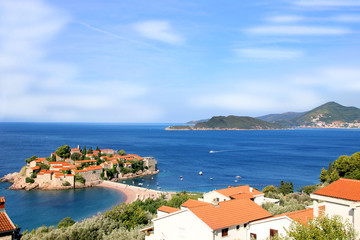 Naklejka na ściany i meble Sveti Stefan island in Budva, Montenegro, Balkans. Sea view. Adriatic sea. Riviera