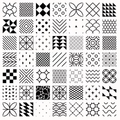 Foto op Plexiglas Zwart wit geometrisch modern Set geometrische naadloze patronen, driehoeken, lijnen, cirkels. Zwart-wit verschillende achtergrond