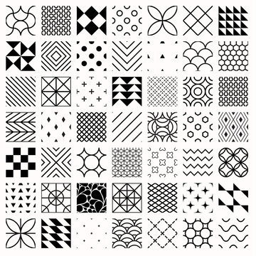 Set of geometric seamless patterns, triangles, lines, circles. Black and white different background
