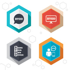 BYOD signs. Human with notebook and smartphone.