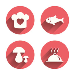 Chief hat, cooking pan icons. Fish and mushrooms