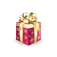 Gift box isolated on white background with gold decorative ribbon and snowflakes